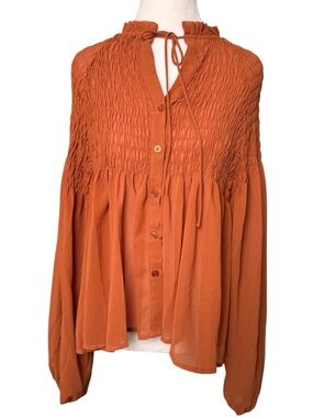 HYFVE Burnt Orange Smocked Boho Blouse Long Sleeve Top Size Small Pre-owned